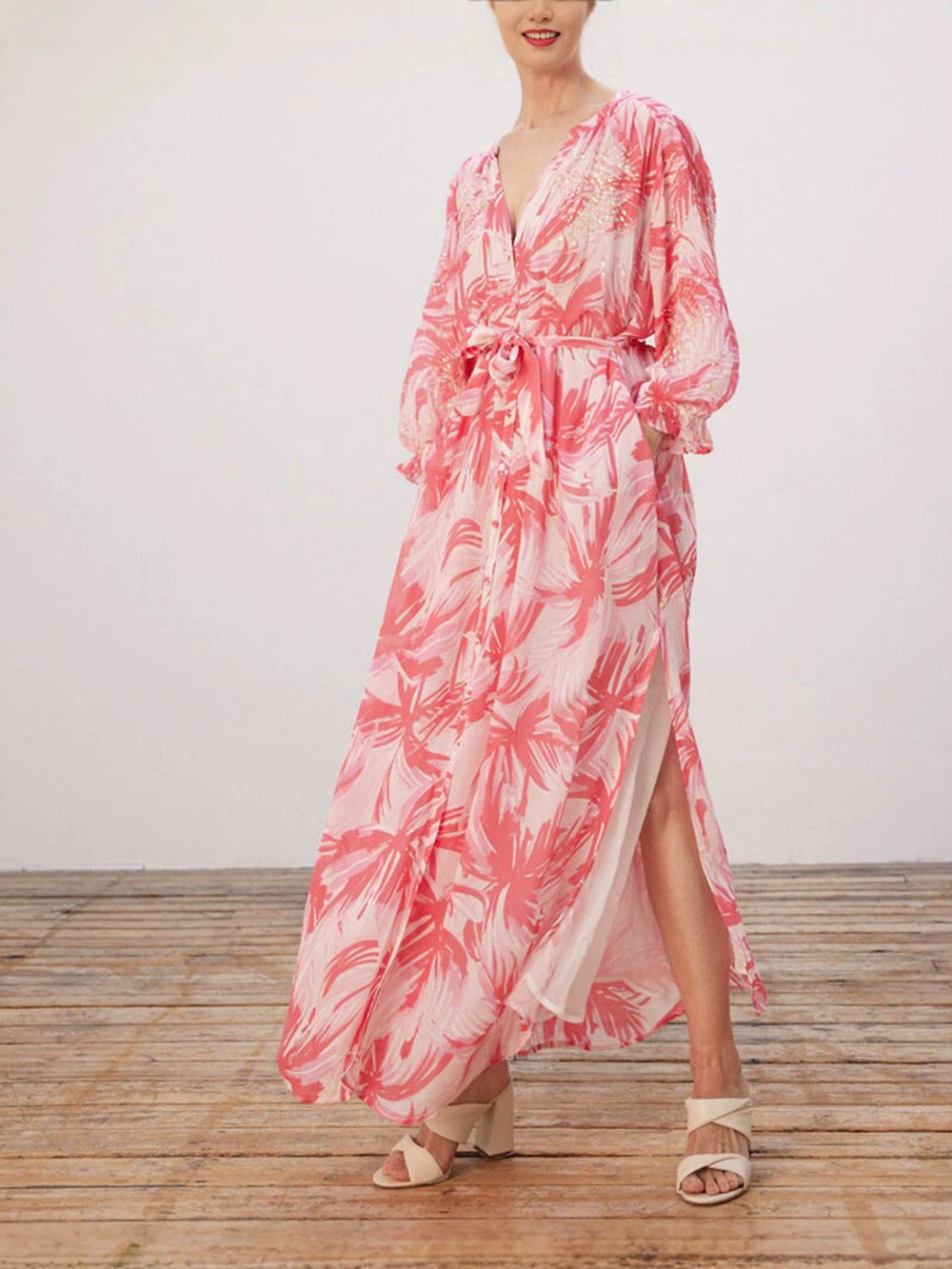 ZARA Pink V Neck Lantern Sleeve Cinched Waist Sequined Slit Vacation Maxi Dress